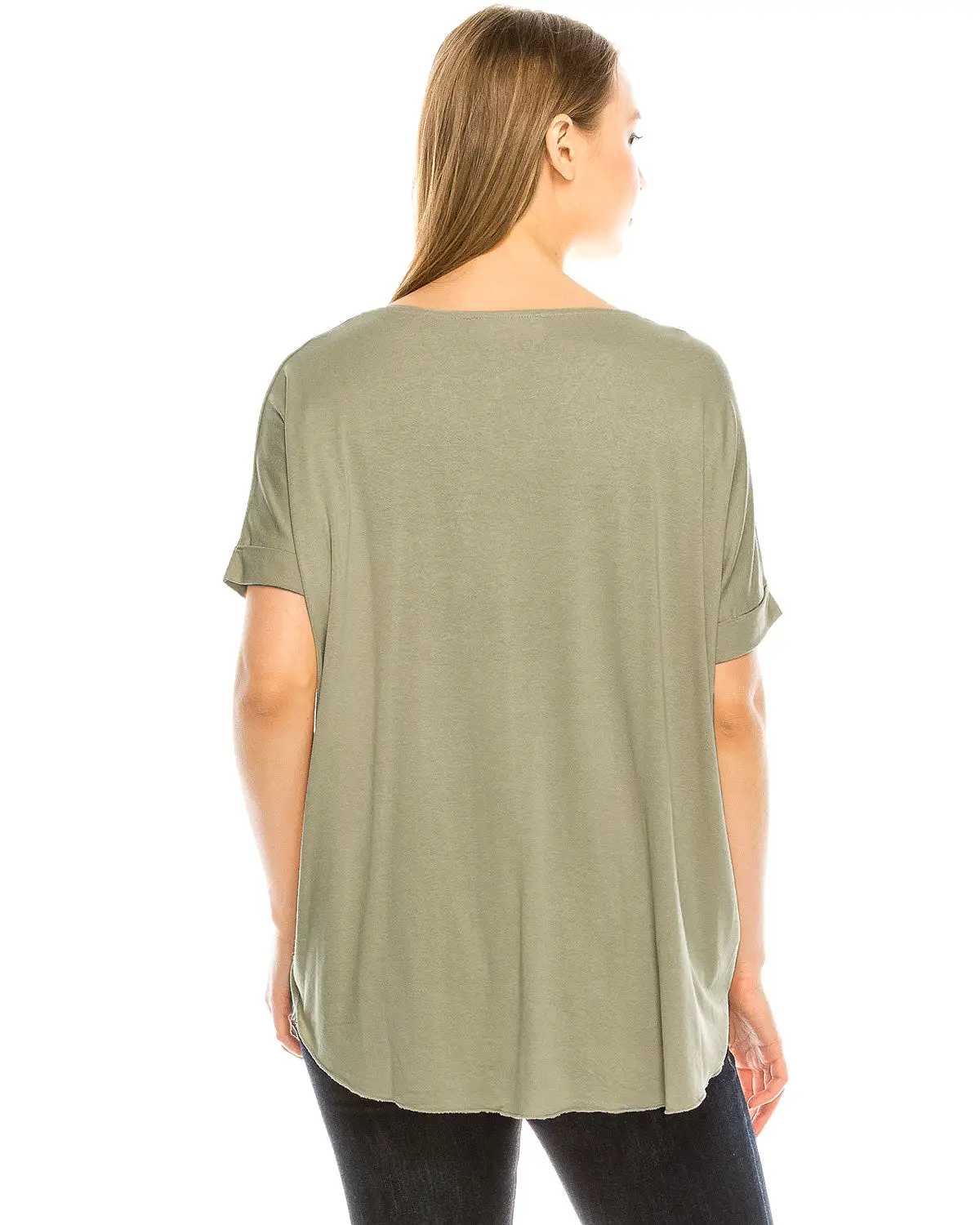 Olive Surplice V-Neck Top Roll Up Casual Blouse