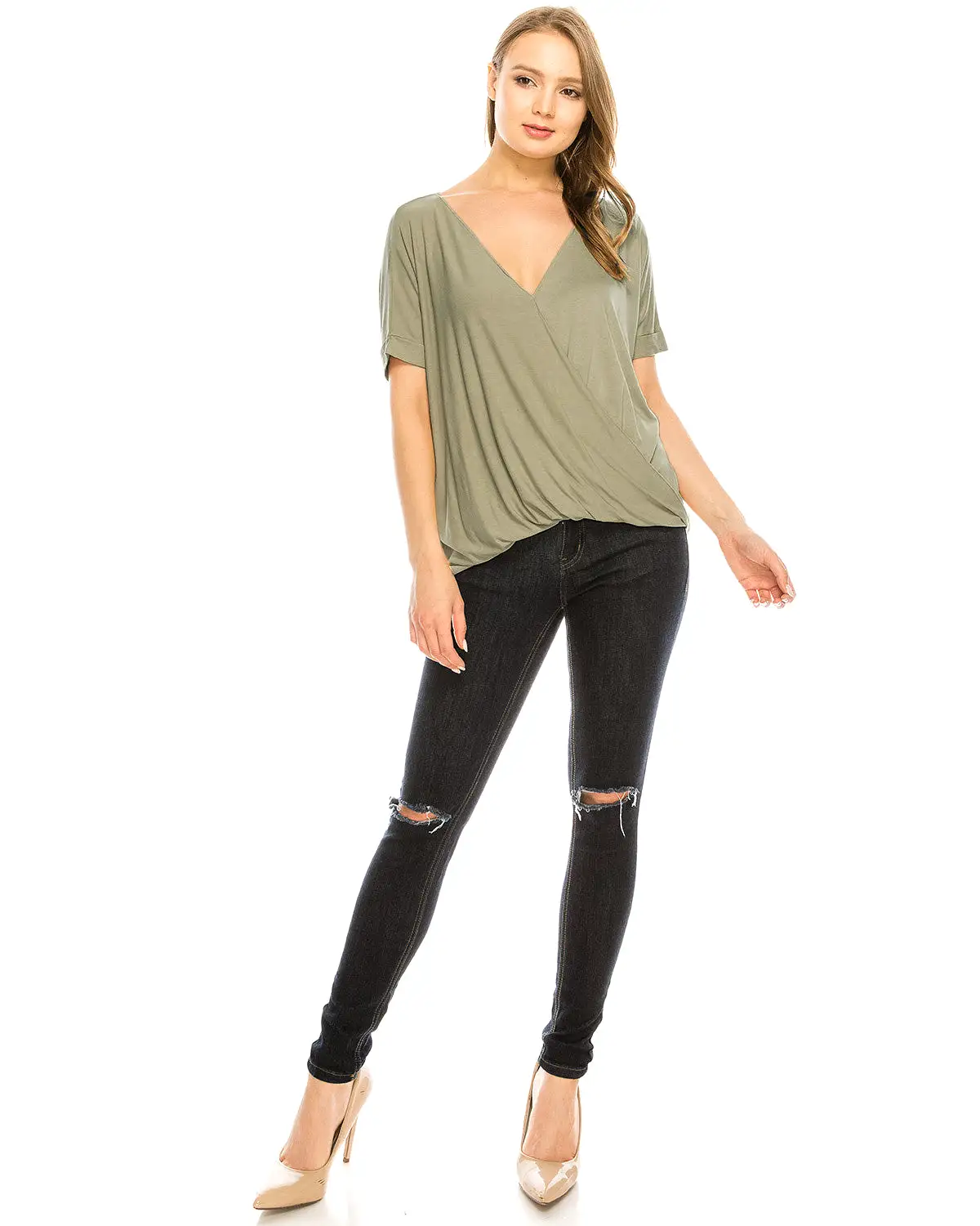 Olive Surplice V-Neck Top Roll Up Casual Blouse