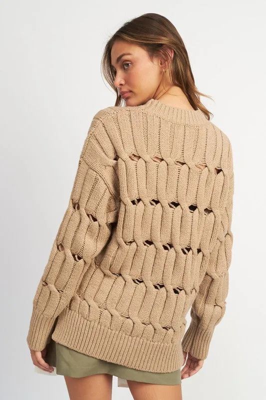 Open Knit Sweater With Slits