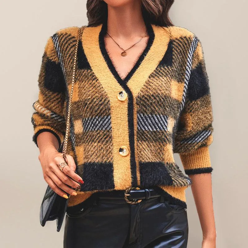 Plaid Button Women Cardigan Sweater