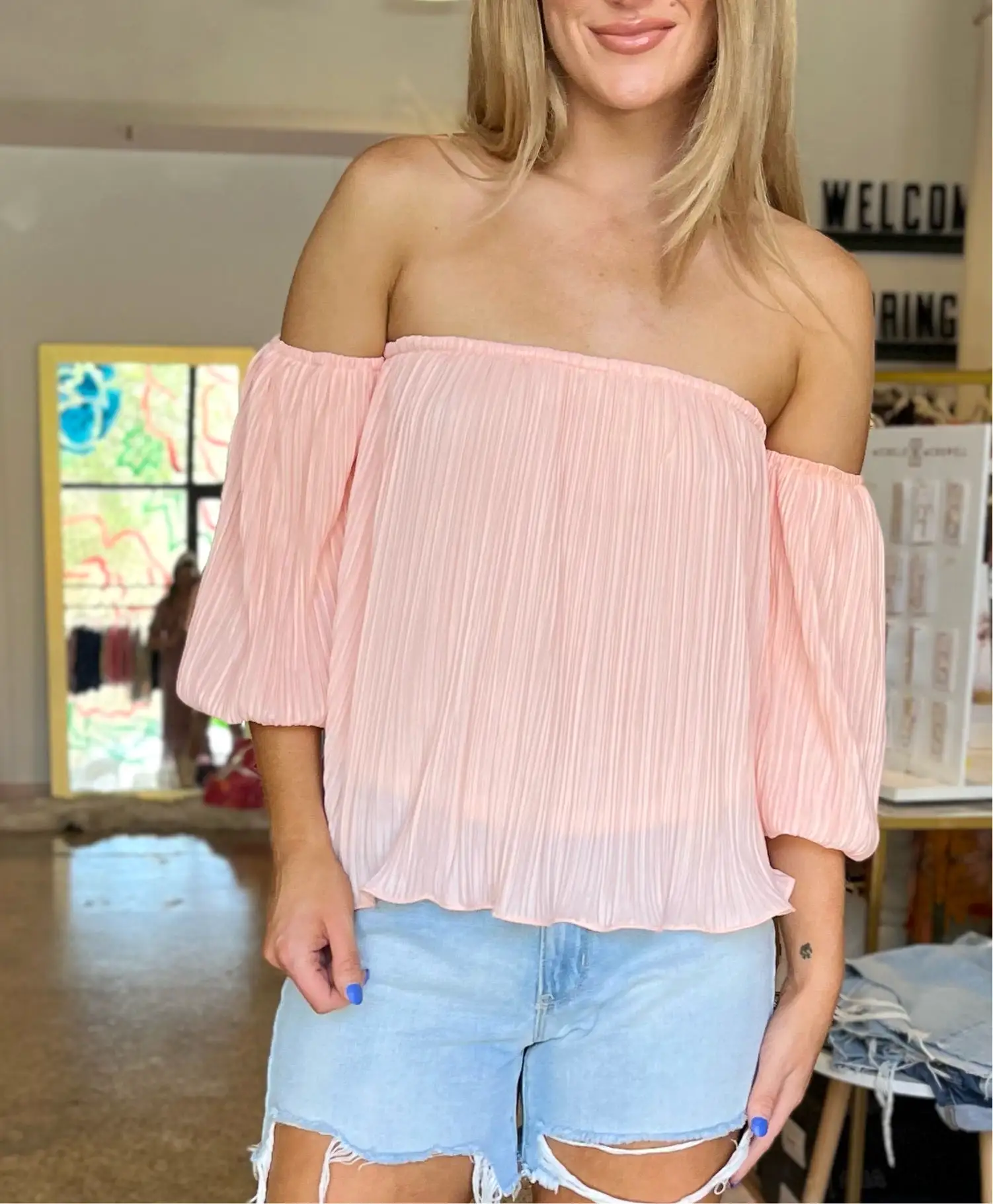 Pleated Off Shoulder Top - Light Pink