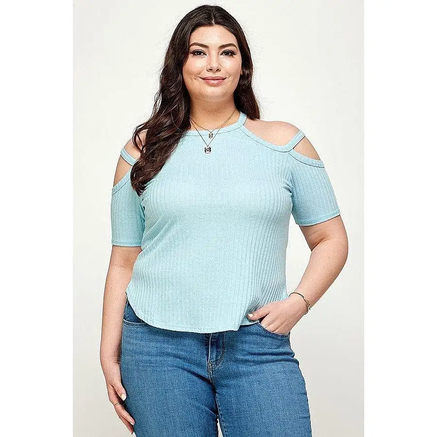 Plus Size, Solid Ribbed Cold Shoulder Top