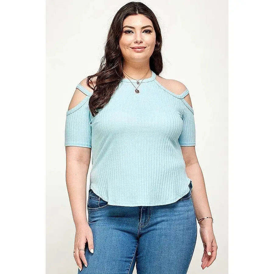 Plus Size, Solid Ribbed Cold Shoulder Top