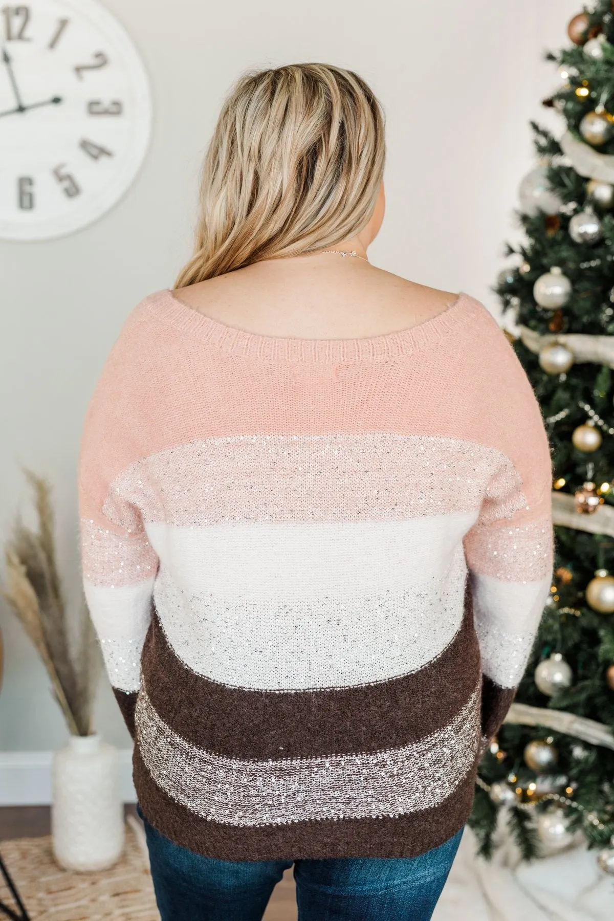 Ready For Snow Sequin Striped Sweater- Blush, Ivory & Brown