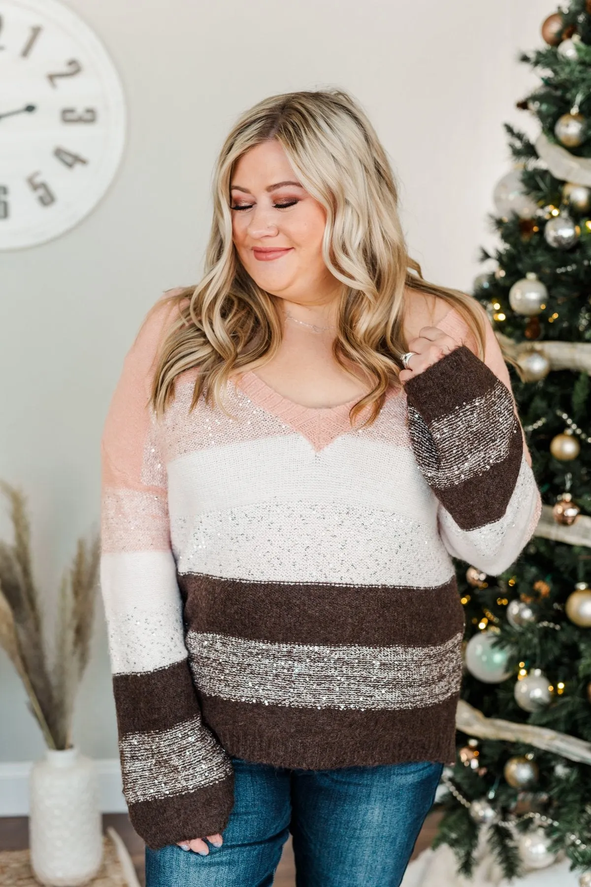 Ready For Snow Sequin Striped Sweater- Blush, Ivory & Brown