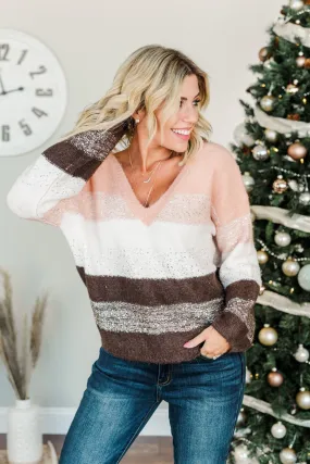 Ready For Snow Sequin Striped Sweater- Blush, Ivory & Brown