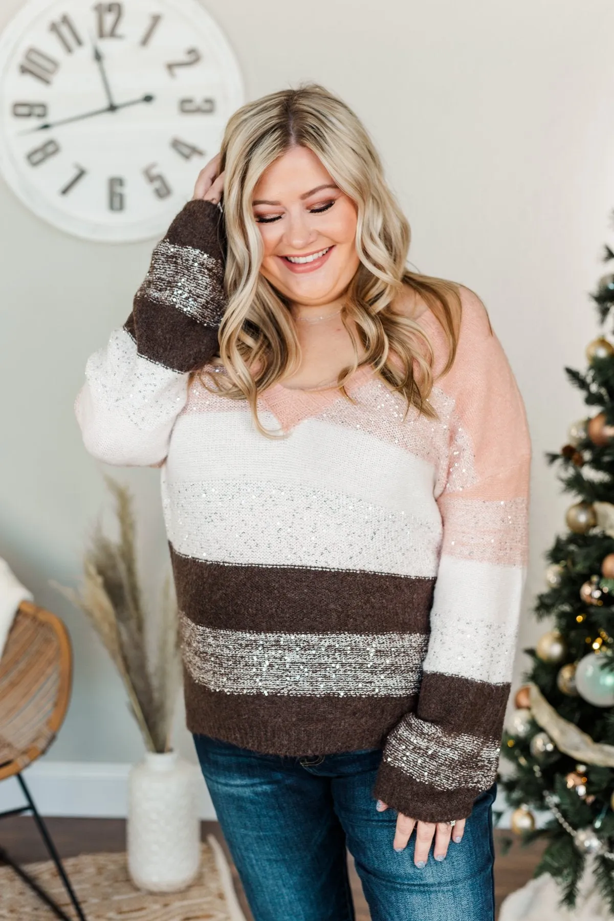 Ready For Snow Sequin Striped Sweater- Blush, Ivory & Brown