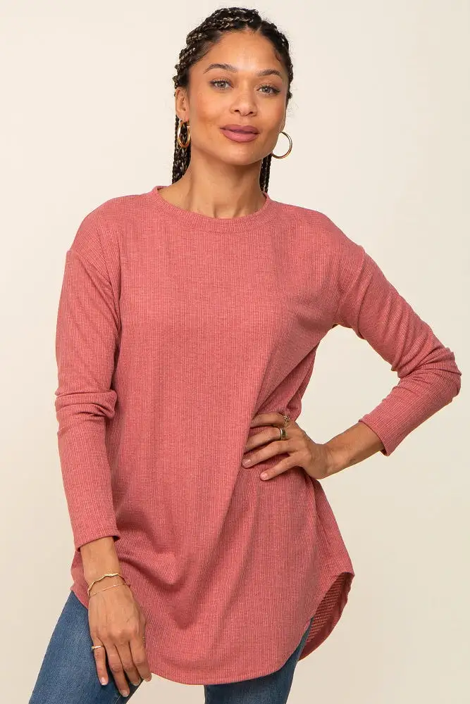 Salmon Long Sleeve Ribbed Top