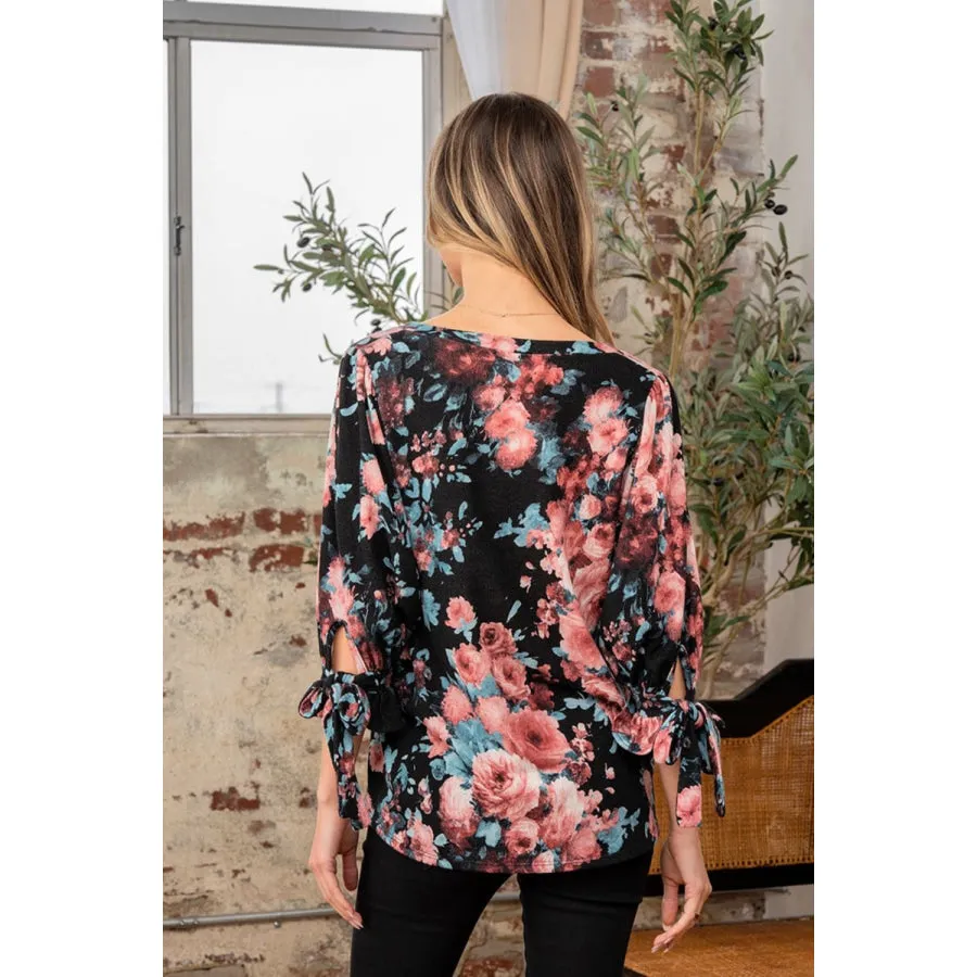 Sew In Love Full Size Floral V-Neck Top with Sleeve Knot