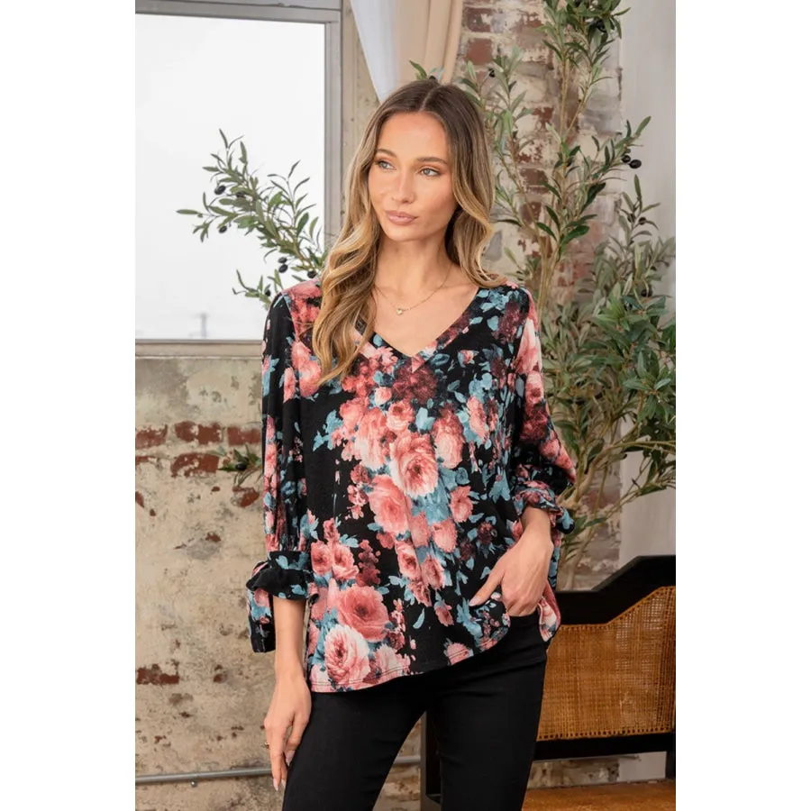 Sew In Love Full Size Floral V-Neck Top with Sleeve Knot