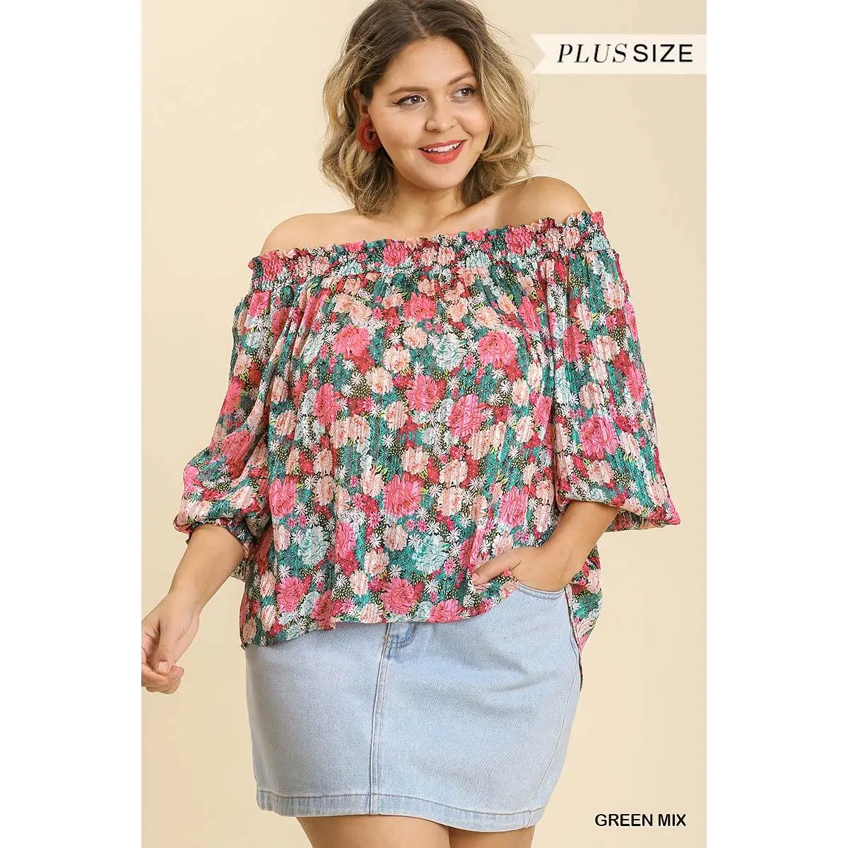 Sheer Floral Print Metallic Threading Long Sleeve Off Shoulder Top With High Low Hem