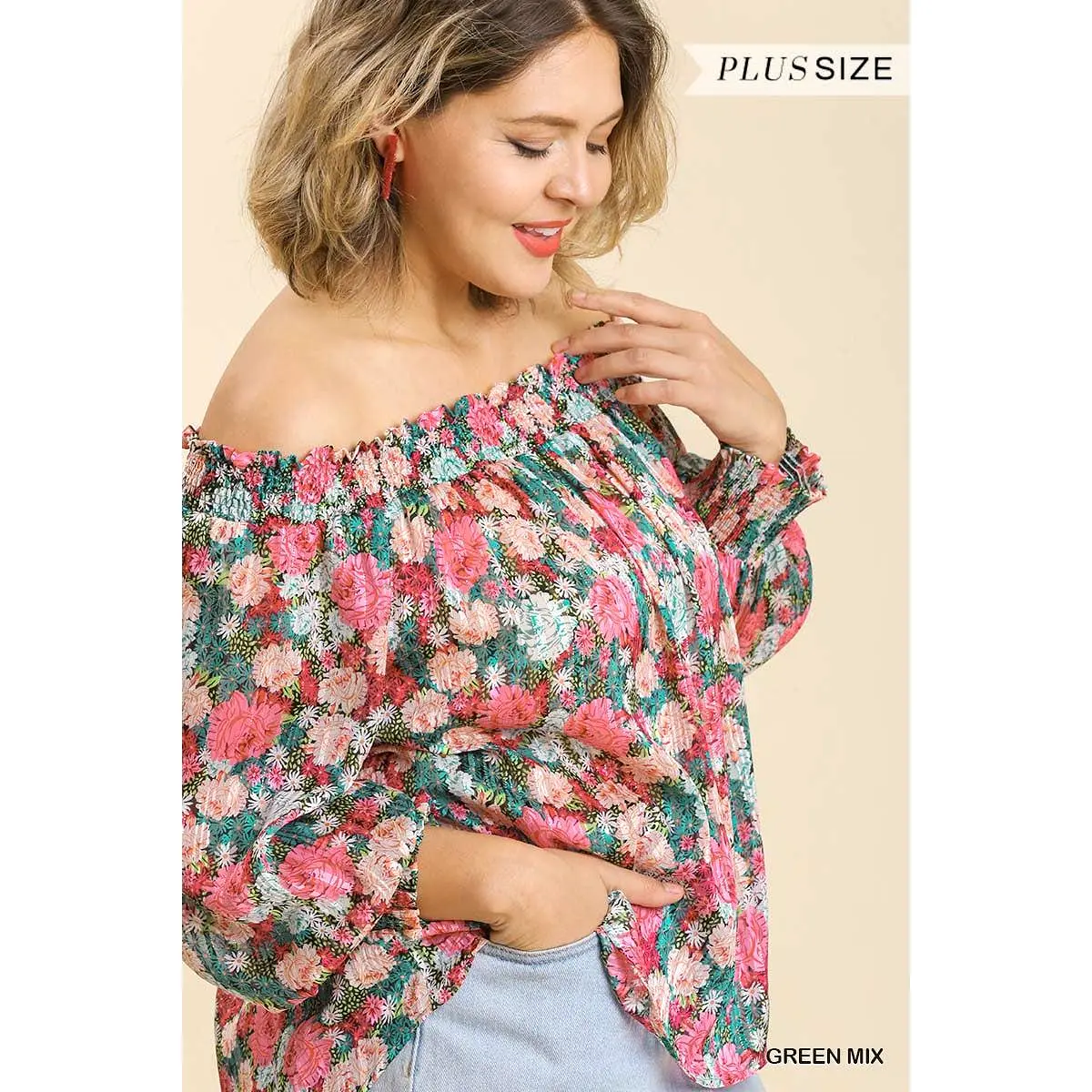 Sheer Floral Print Metallic Threading Long Sleeve Off Shoulder Top With High Low Hem