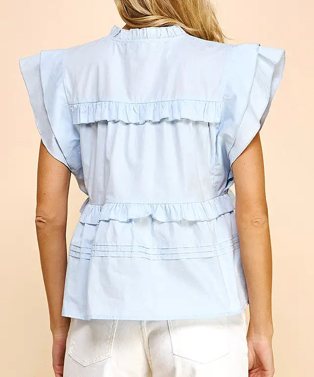 Short Sleeve Ruffle Top - Light Blue