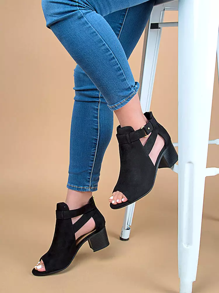 Strappy Cutout Peep Toe Chunky Heeled Boots