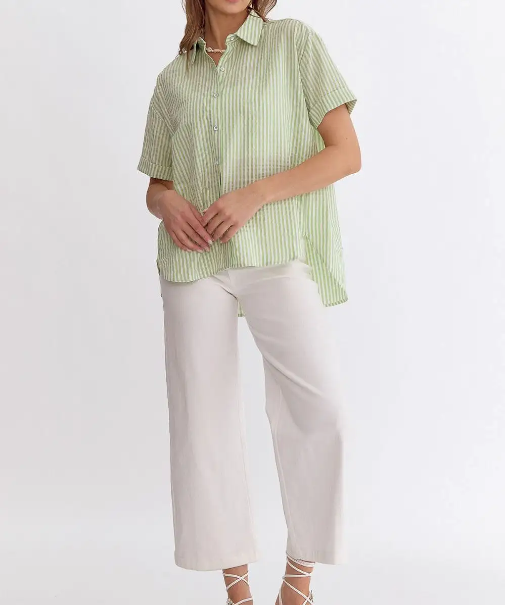 Stripe Button Down Top - Apple Green