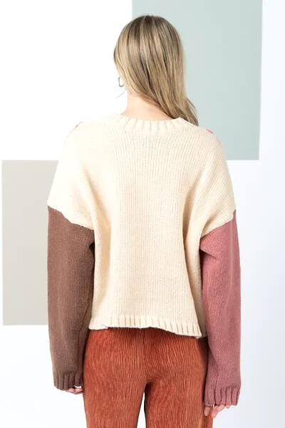 Very J Color Block Cable Knit Long Sleeve Sweater