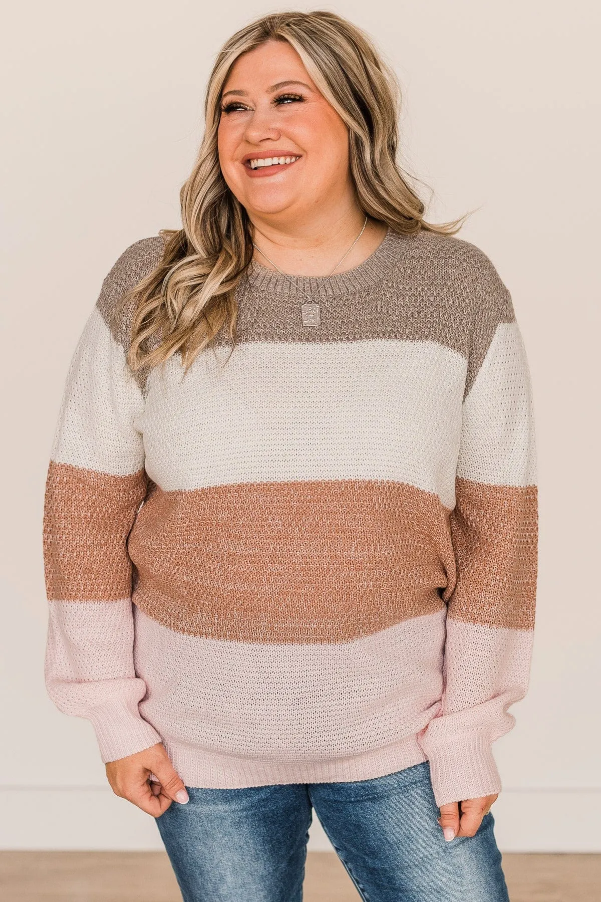 Warms Your Heart Knit Sweater- Mocha, Ivory, & Pink