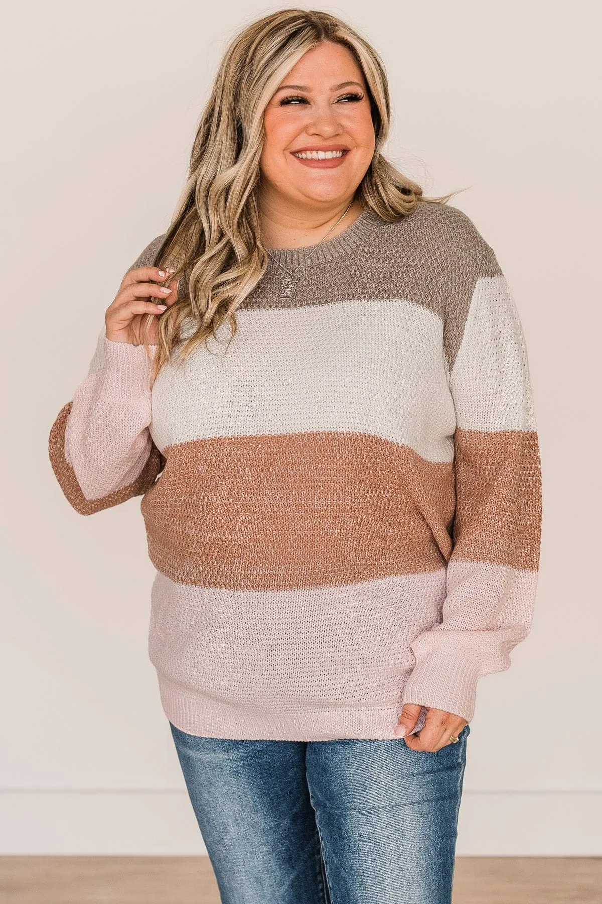 Warms Your Heart Knit Sweater- Mocha, Ivory, & Pink