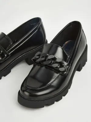 Wide Fit Black Chain Heeled Loafer School Shoes | School | George at ASDA