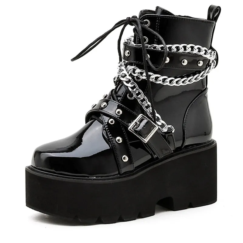 Winter Boots Women Chain Boots Ankle Buckle Strap Ankle Boots Square Heel Thick Sole Platform Rock Punk Style