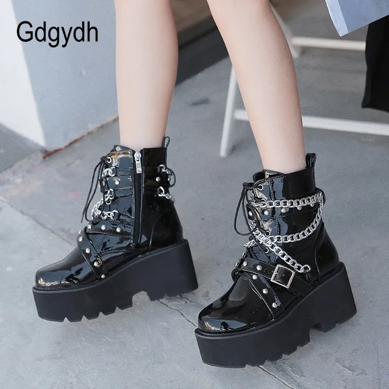 Winter Boots Women Chain Boots Ankle Buckle Strap Ankle Boots Square Heel Thick Sole Platform Rock Punk Style