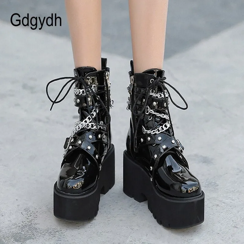 Winter Boots Women Chain Boots Ankle Buckle Strap Ankle Boots Square Heel Thick Sole Platform Rock Punk Style