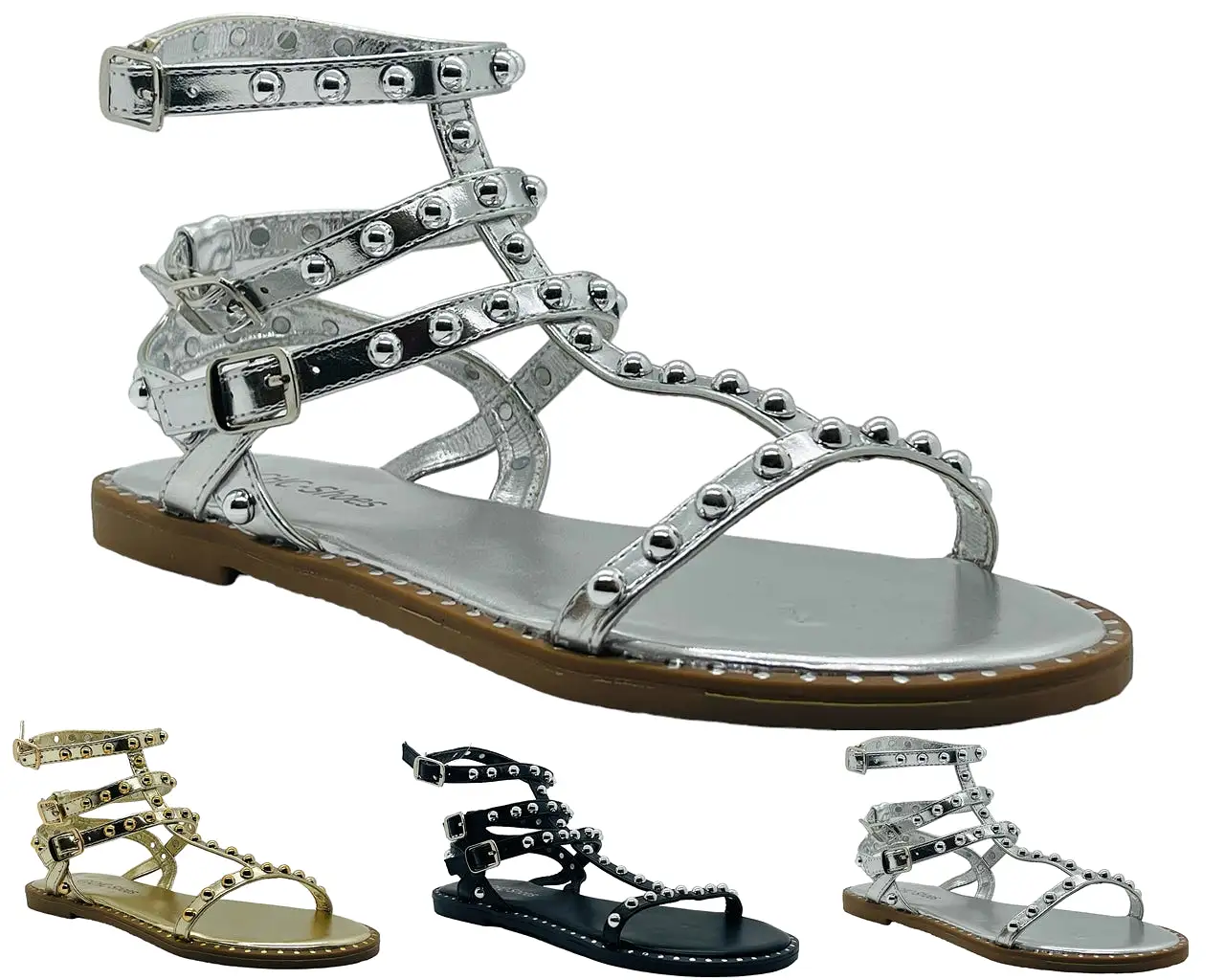 Women's Flat Studded Gladiator Buckle Sandals